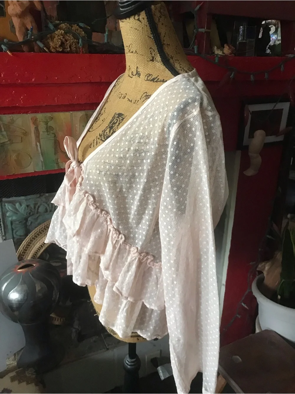 Heart’s Desire by Mary Grace Sheer Blush Pink Ruffled Tie-Front top - Picture 5 of 14